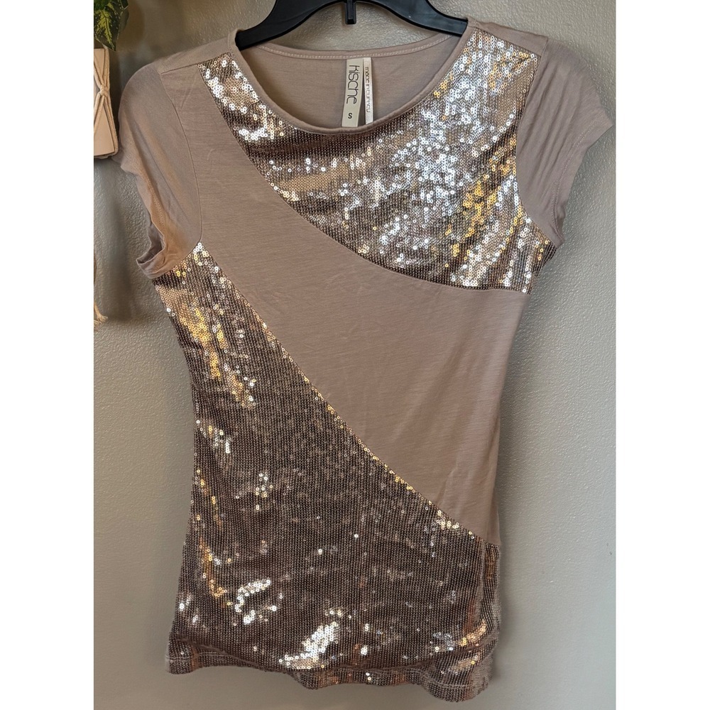 Y2K Kische "Smokey Diamond" sequin Women's Taupe Top Size S fairycore sequin
